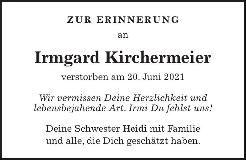 Traueranzeige Irmgard Kirchermeier