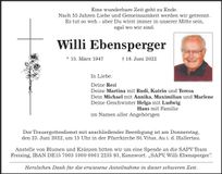 Traueranzeige Willi Ebensperger