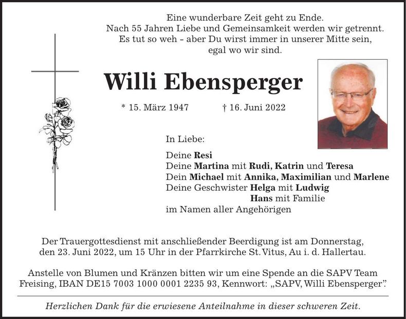Traueranzeige Willi Ebensperger
