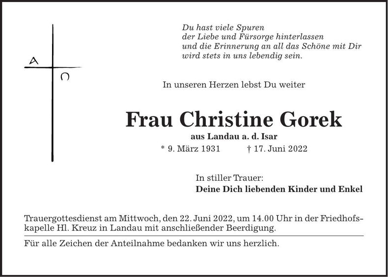 Traueranzeige Christine Gorek