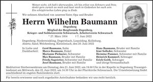Traueranzeige Wilhelm Baumann
