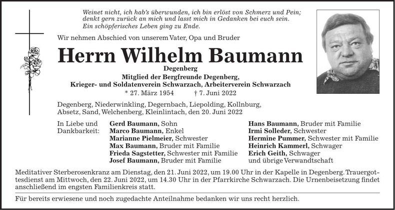 Traueranzeige Wilhelm Baumann