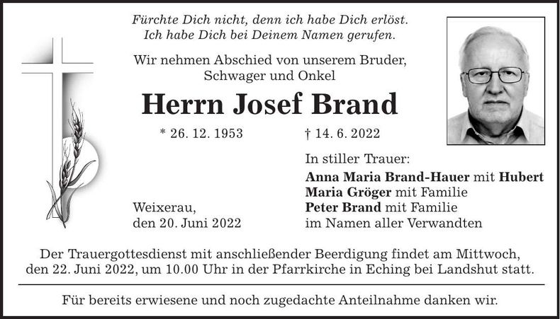 Traueranzeige Josef Brand
