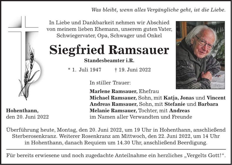 Traueranzeige Siegfried Ramsauer