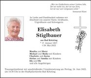 Traueranzeige Elisabeth Stiglbauer