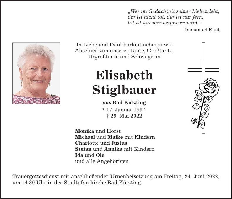 Traueranzeige Elisabeth Stiglbauer