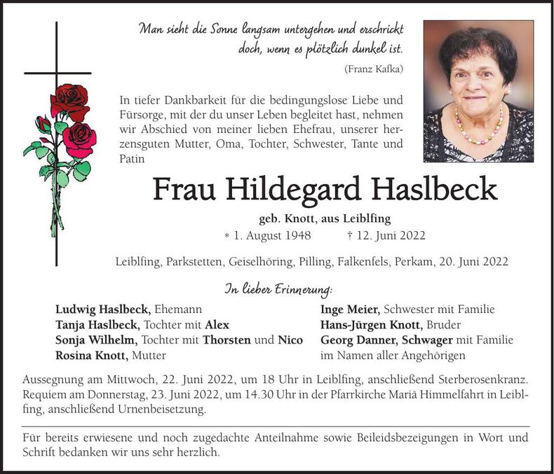 Traueranzeige Hildegard Haslbeck