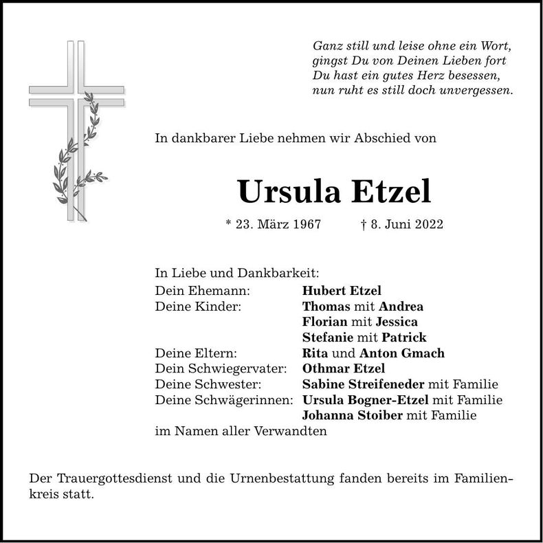 Traueranzeige Ursula Etzel