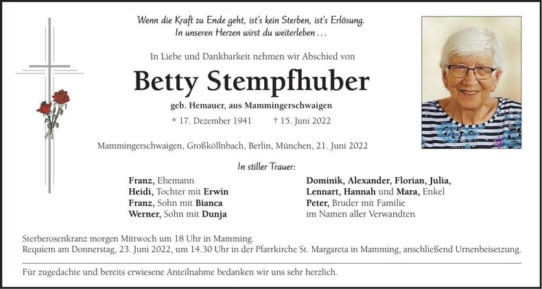 Traueranzeige Betty Stempfhuber