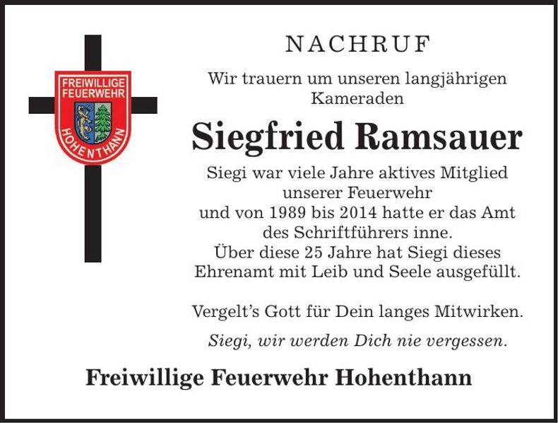 Traueranzeige Siegfried Ramsauer