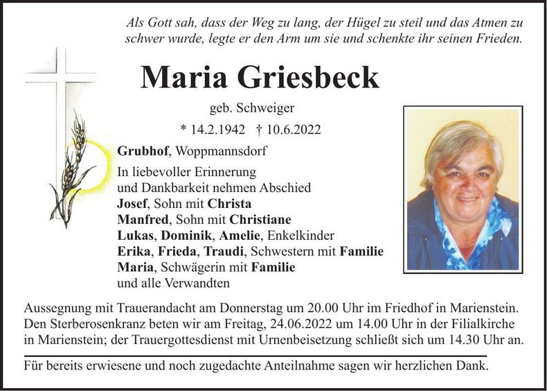 Traueranzeige Maria Griesbeck