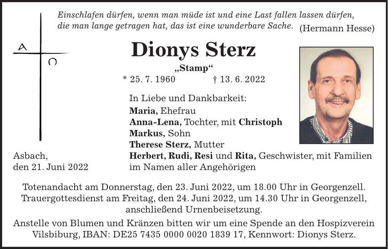 Traueranzeige Dionys Sterz