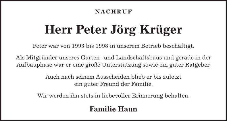 Traueranzeige Peter Jörg Krüger