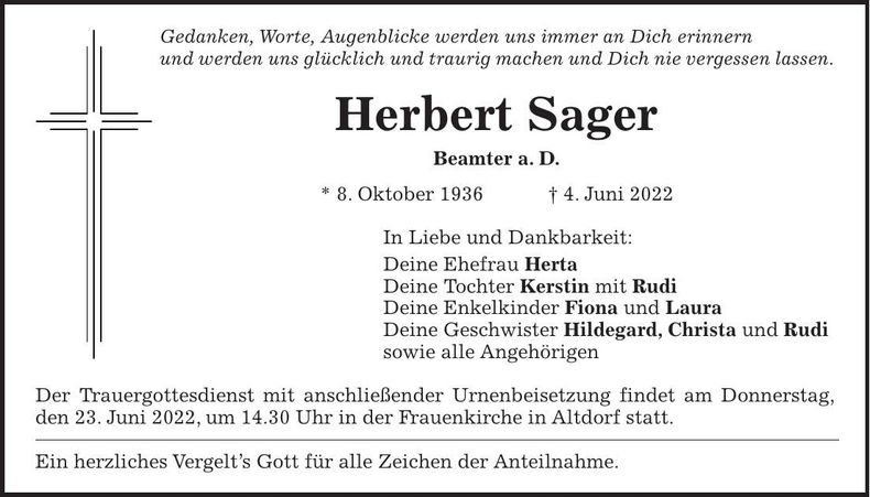 Traueranzeige Herbert Sager