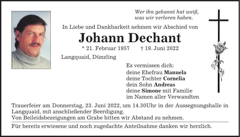 Traueranzeige Johann Dechant
