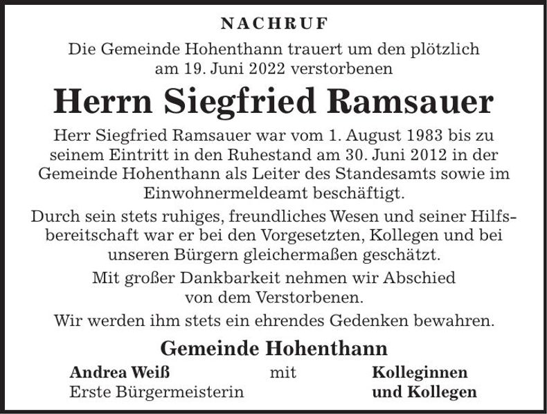Traueranzeige Siegfried Ramsauer