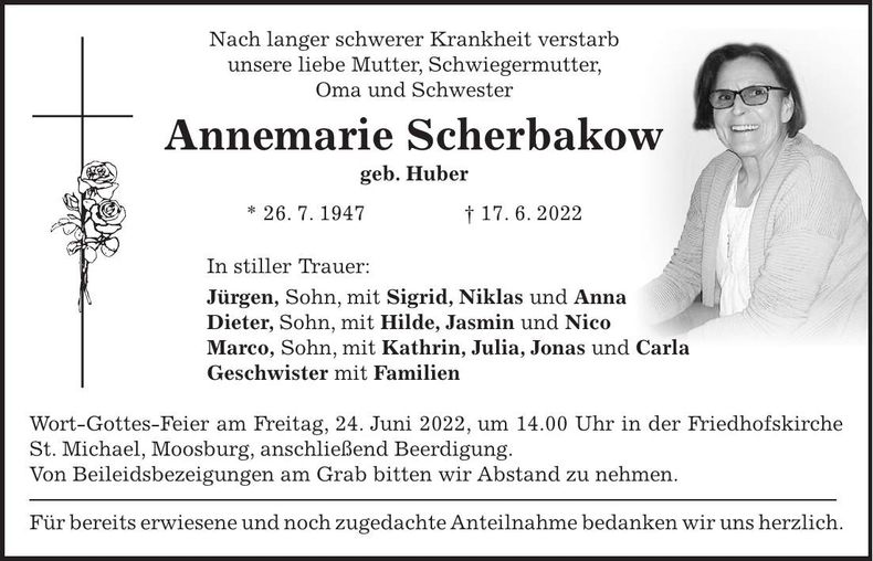 Traueranzeige Annemarie Scherbakow