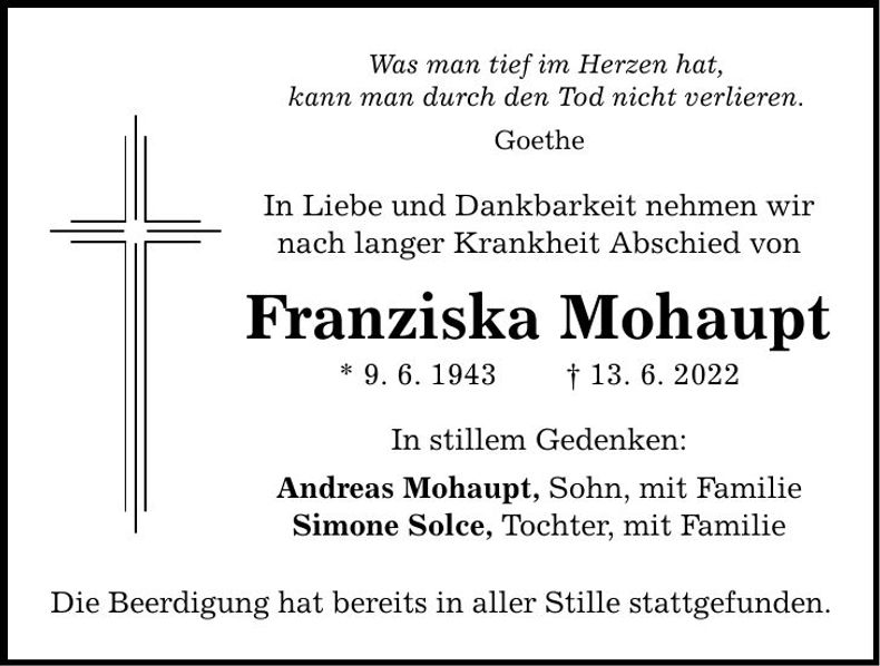 Traueranzeige Franziska Mohaupt