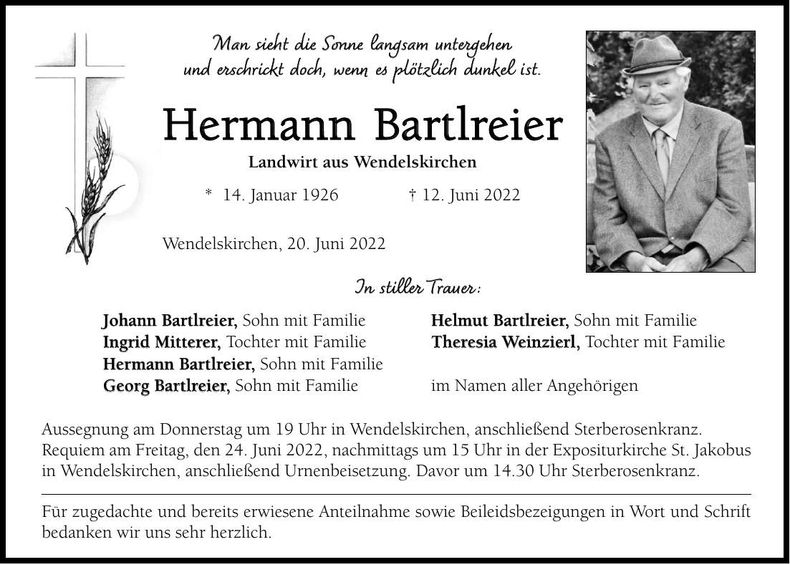 Traueranzeige Hermann Bartlreier