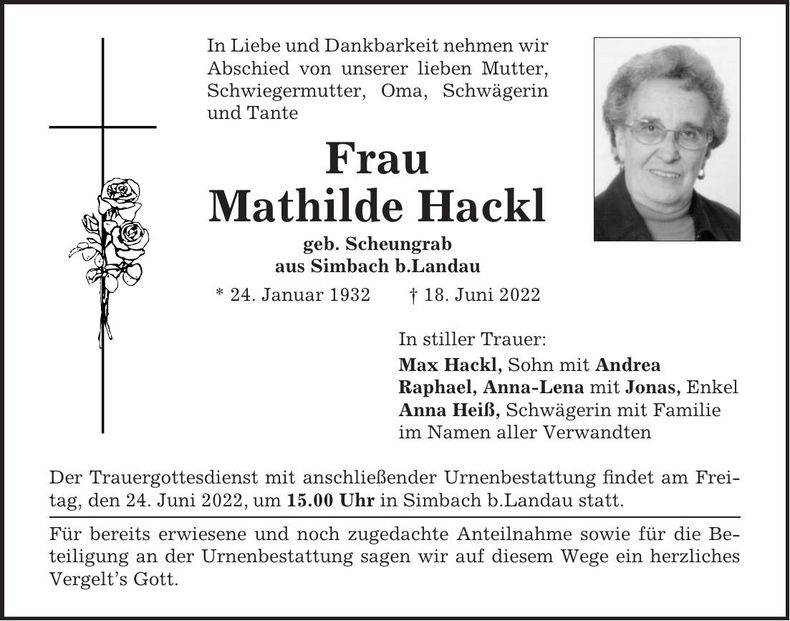 Traueranzeige Mathilde Hackl
