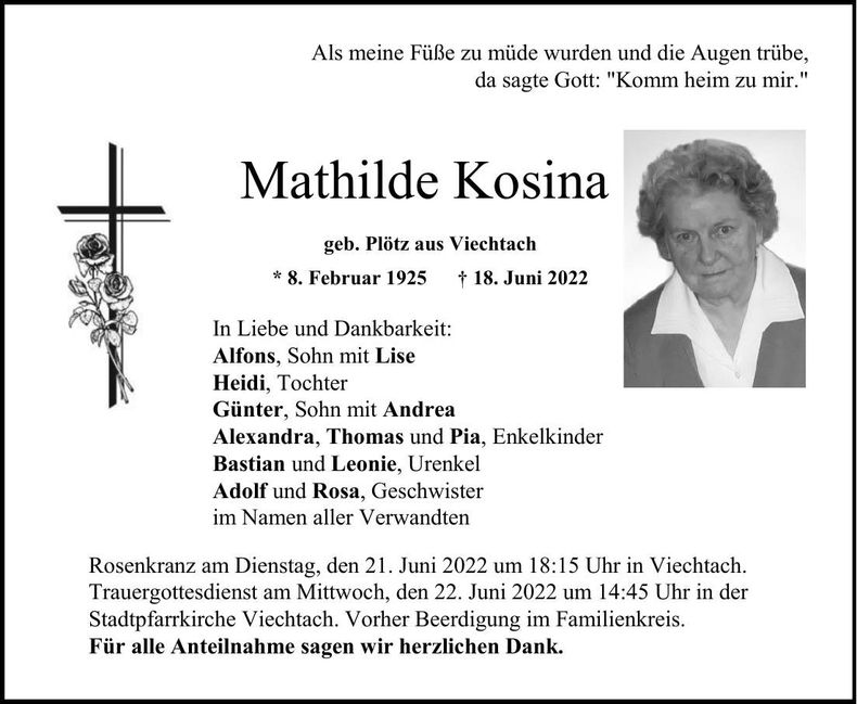 Traueranzeige Mathilde Kosina
