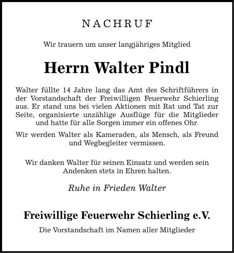 Traueranzeige Walter Pindl