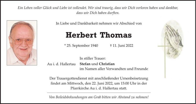 Traueranzeige Herbert Thomas