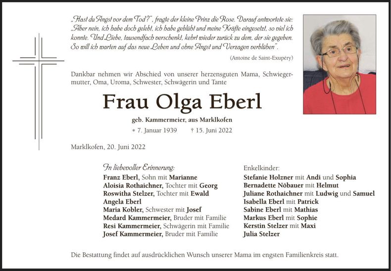 Traueranzeige Olga Eberl