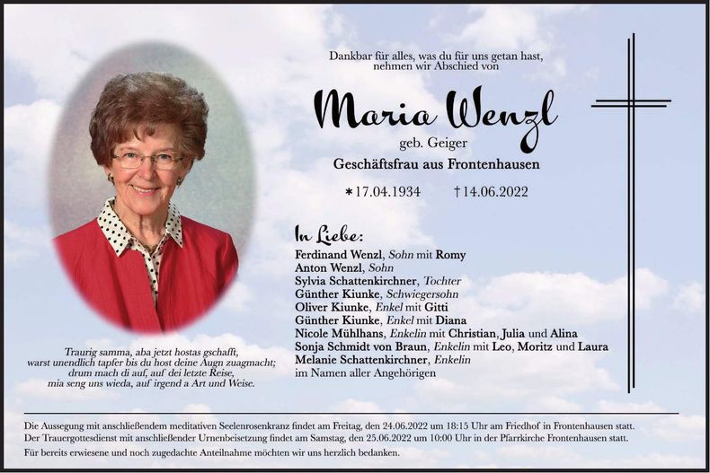Traueranzeige Maria Wenzl