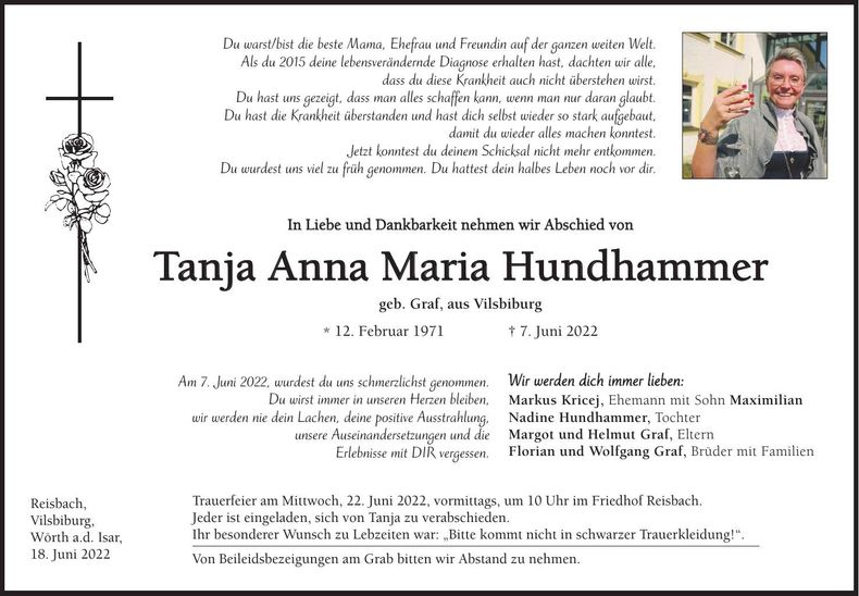 Traueranzeige Tanja Anna Maria Hundhammer