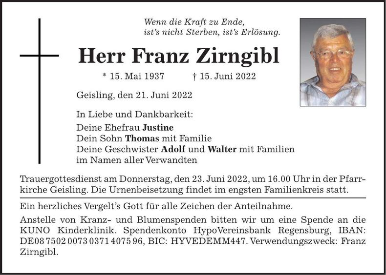 Traueranzeige Franz Zirngibl