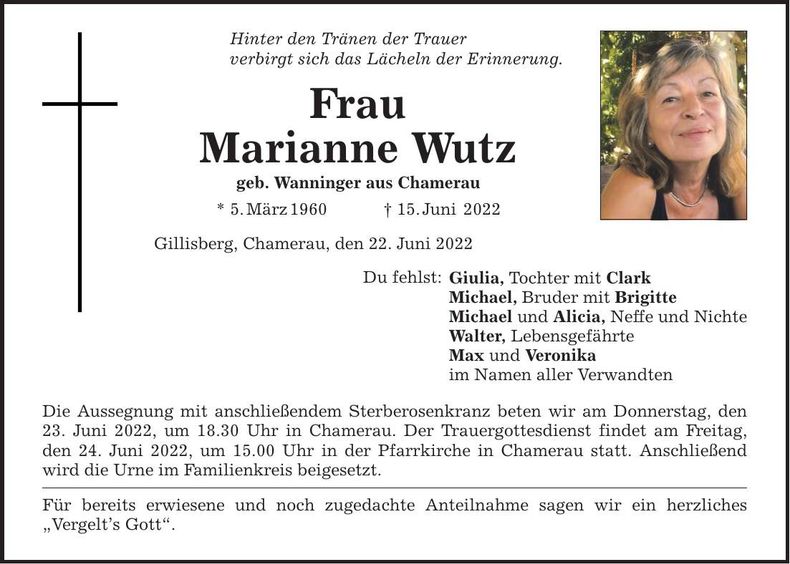 Traueranzeige Marianne Wutz