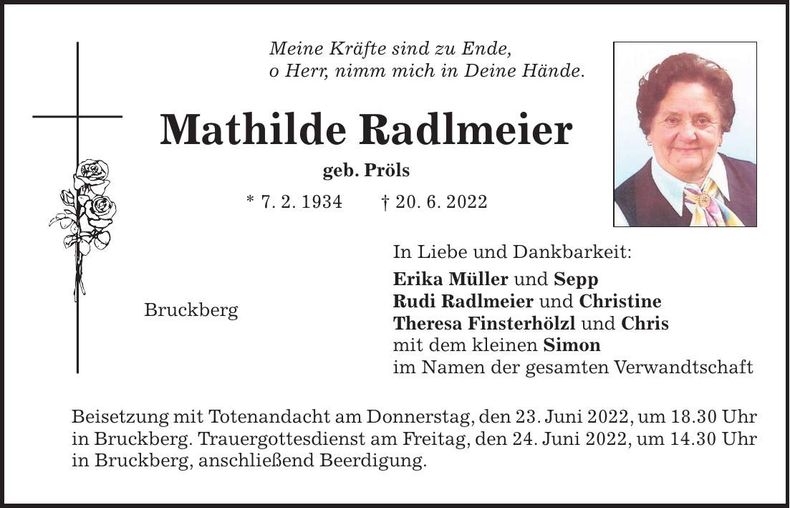 Traueranzeige Mathilde Radlmeier