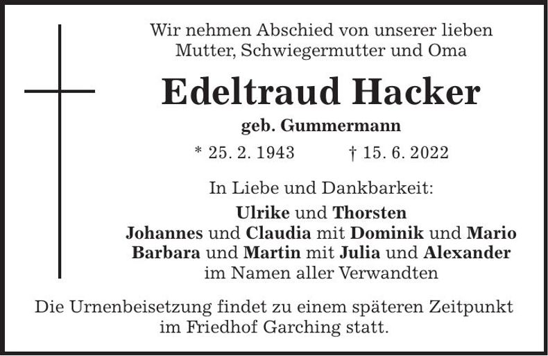 Traueranzeige Edeltraud Hacker
