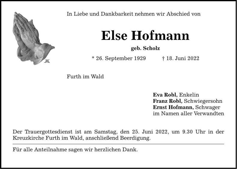 Traueranzeige Else Hofmann