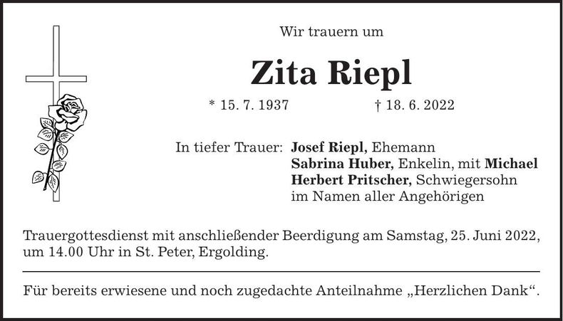 Traueranzeige Zita Riepl