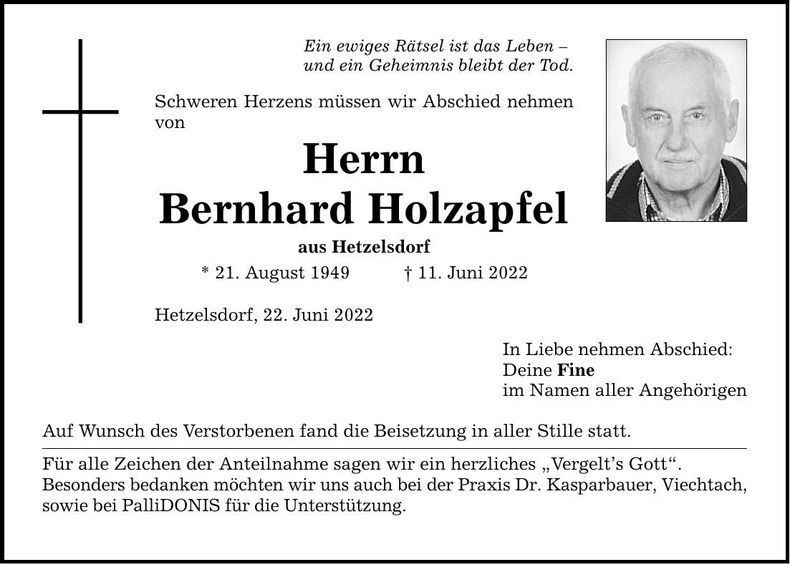 Traueranzeige Bernhard Holzapfel