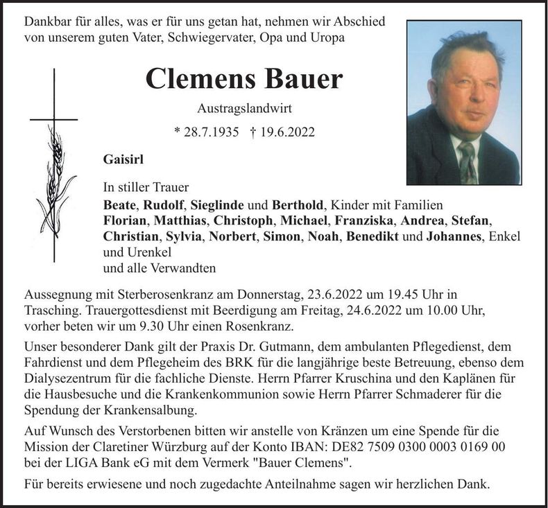 Traueranzeige Clemens Bauer