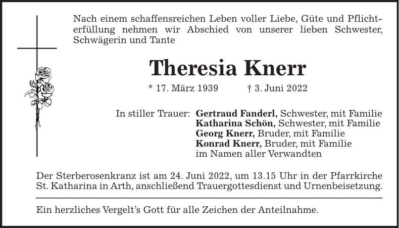 Traueranzeige Theresia Knerr