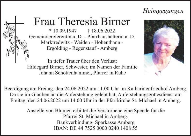 Traueranzeige Theresia Birner