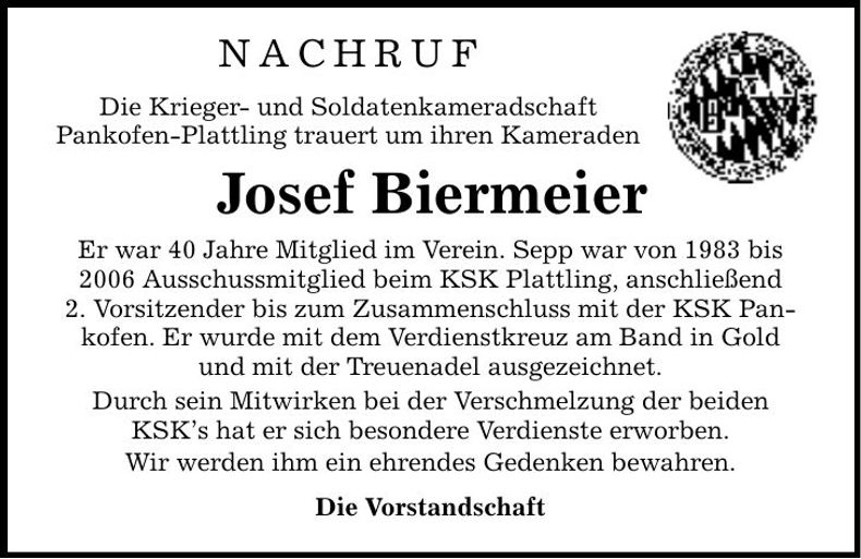 Traueranzeige Josef Biermeier