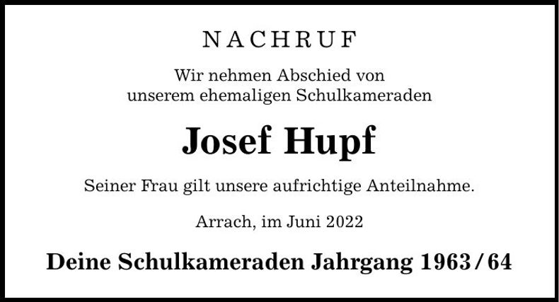 Traueranzeige Josef Hupf