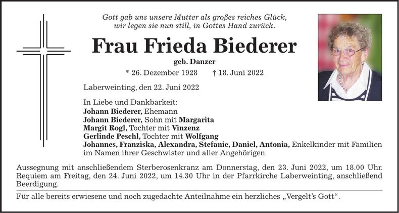 Traueranzeige Frieda Biederer
