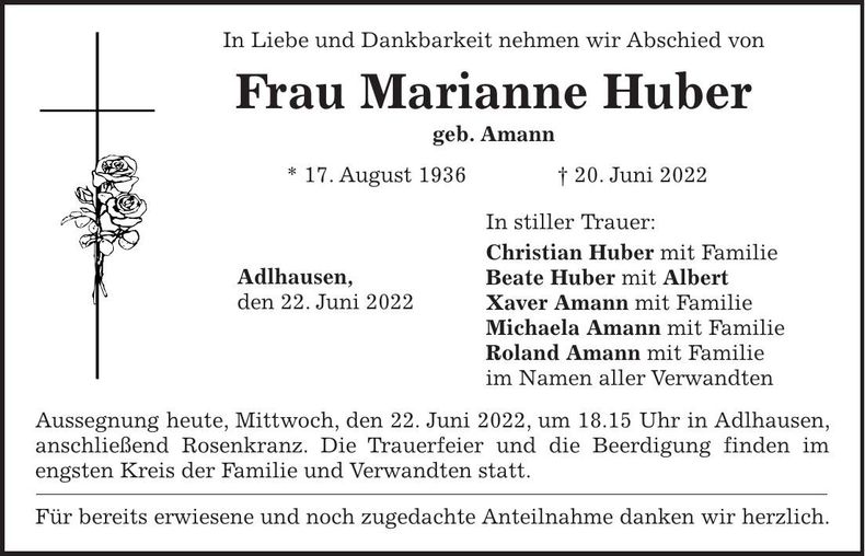 Traueranzeige Marianne Huber