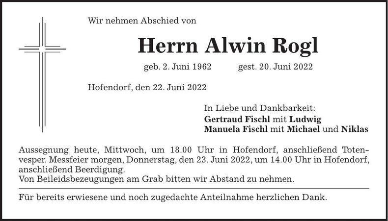 Traueranzeige Alwin Rogl