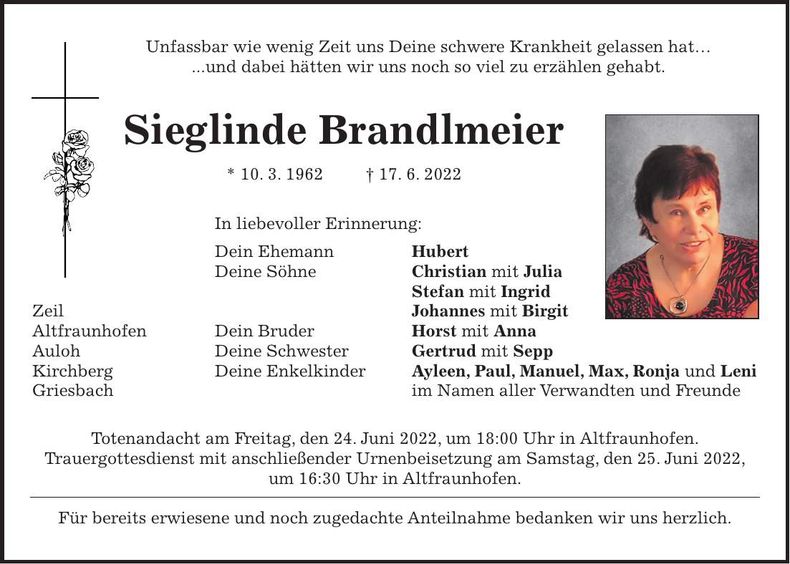 Traueranzeige Sieglinde Brandlmeier