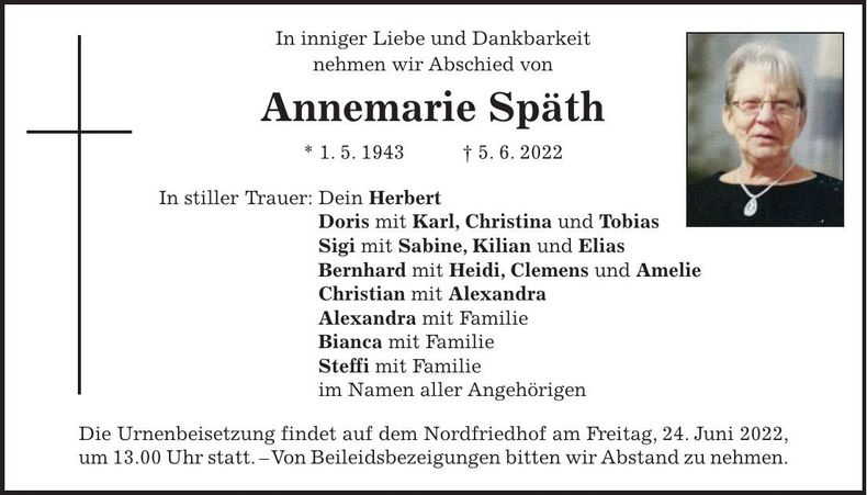 Traueranzeige Annemarie Späth