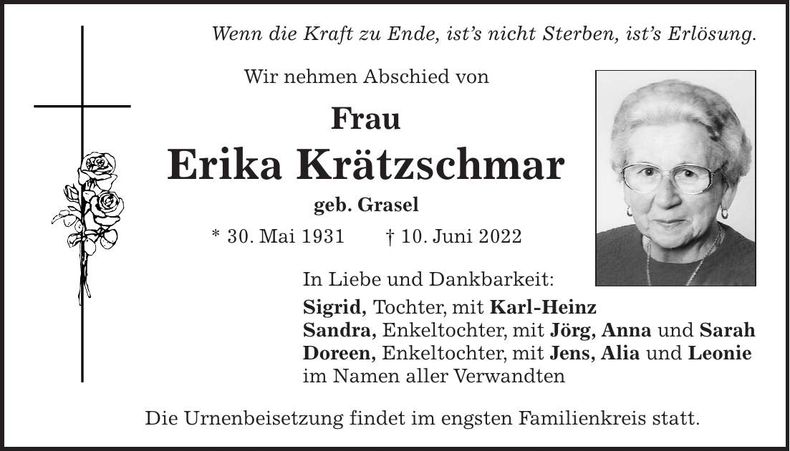 Traueranzeige Erika Krätzschmar