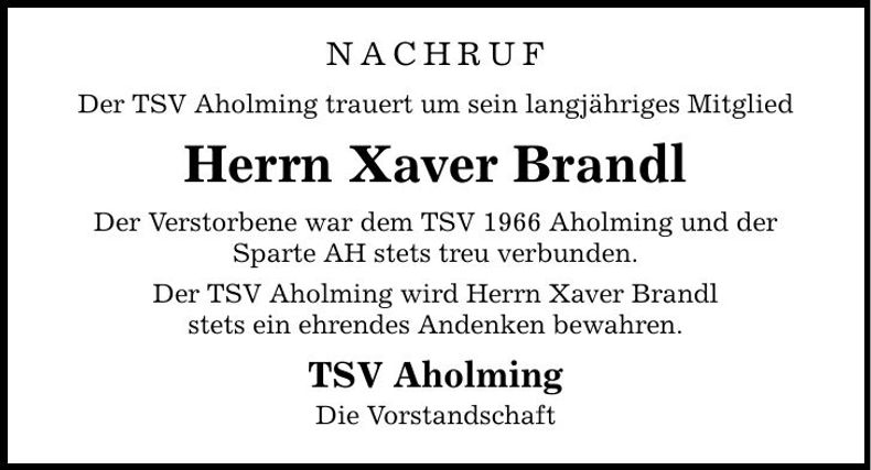 Traueranzeige Xaver Brandl