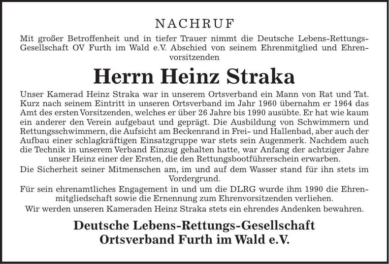 Traueranzeige Heinz Straka